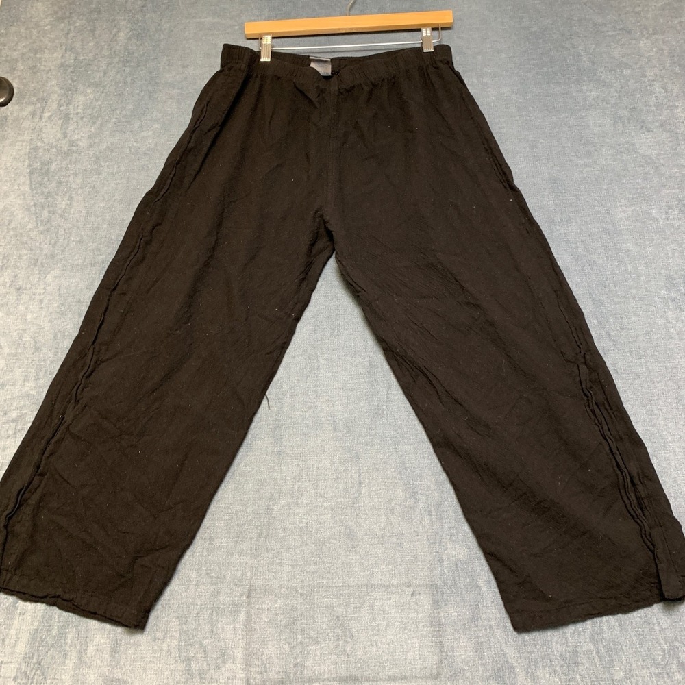 VTG Sea Breeze Cropped Wide Leg Pants Womens XL Black Cotton Side Slit Elastic
